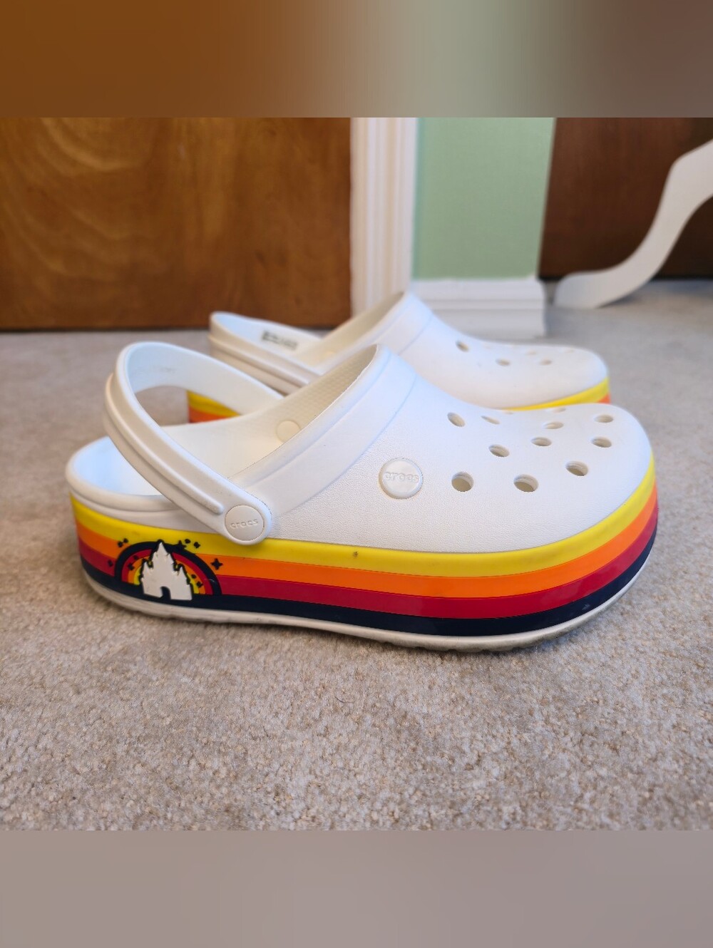 Crocs Disney Parks Rainbow White With Retro Stripe Castle Platform WOM Sz 7